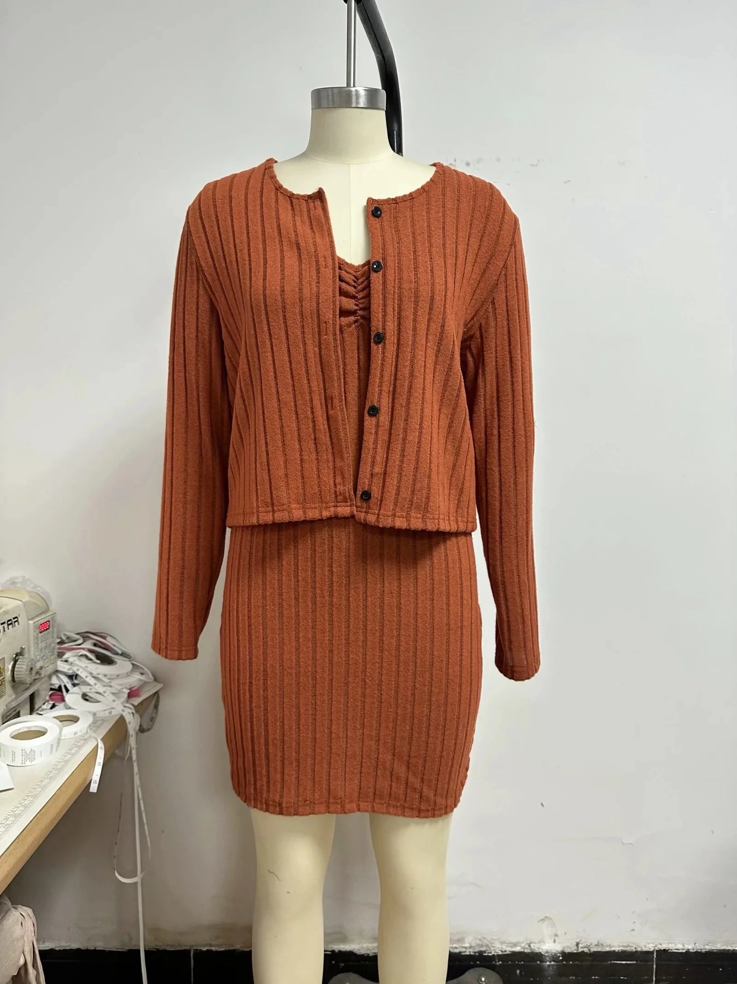 Womens Solid Button Front Jacket & Bodycon Dress