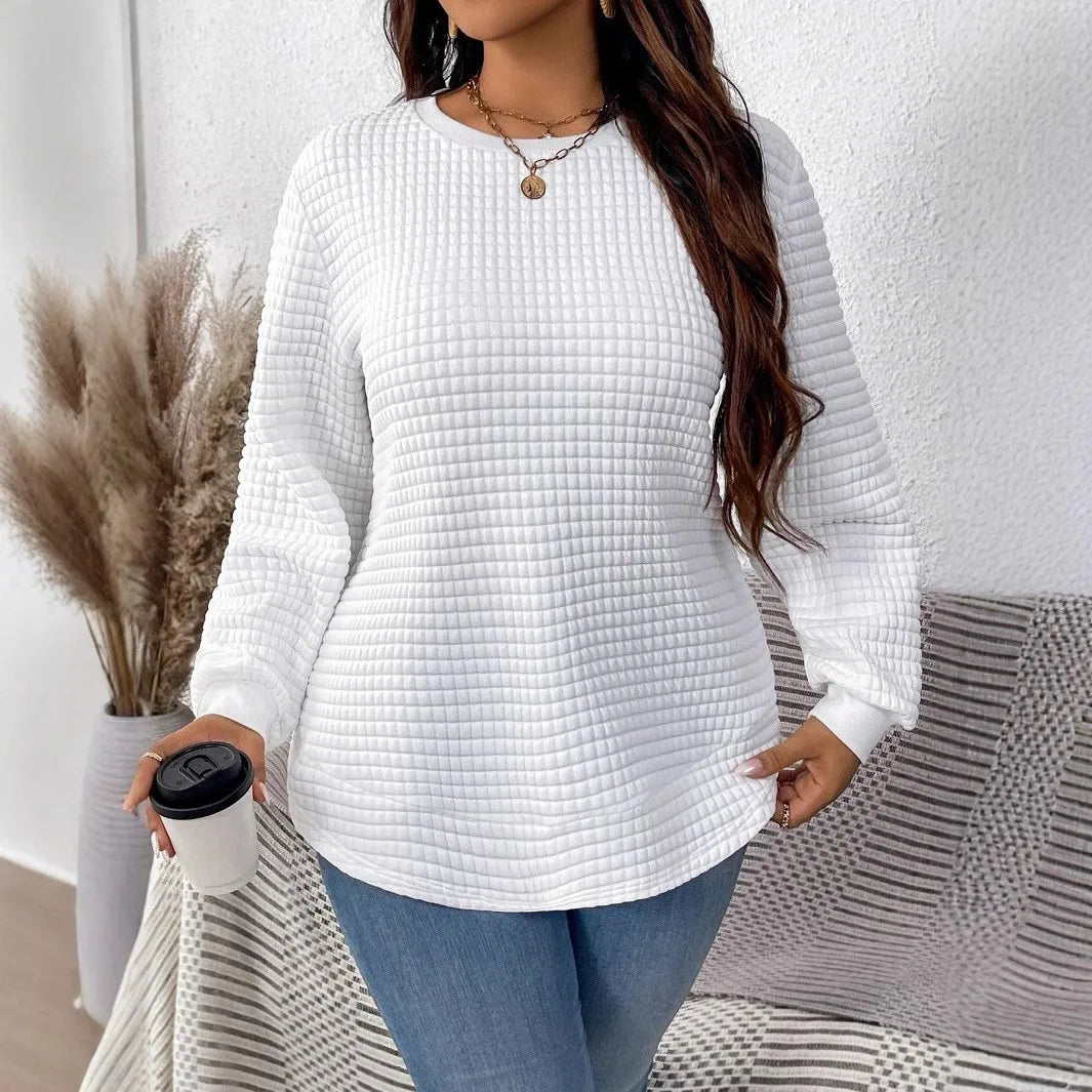 Plus-Size Women's Spring And Winter Fashion Casual Solid Color Checkered Pullover Sweatshirt Suitable For Commuting Travel
