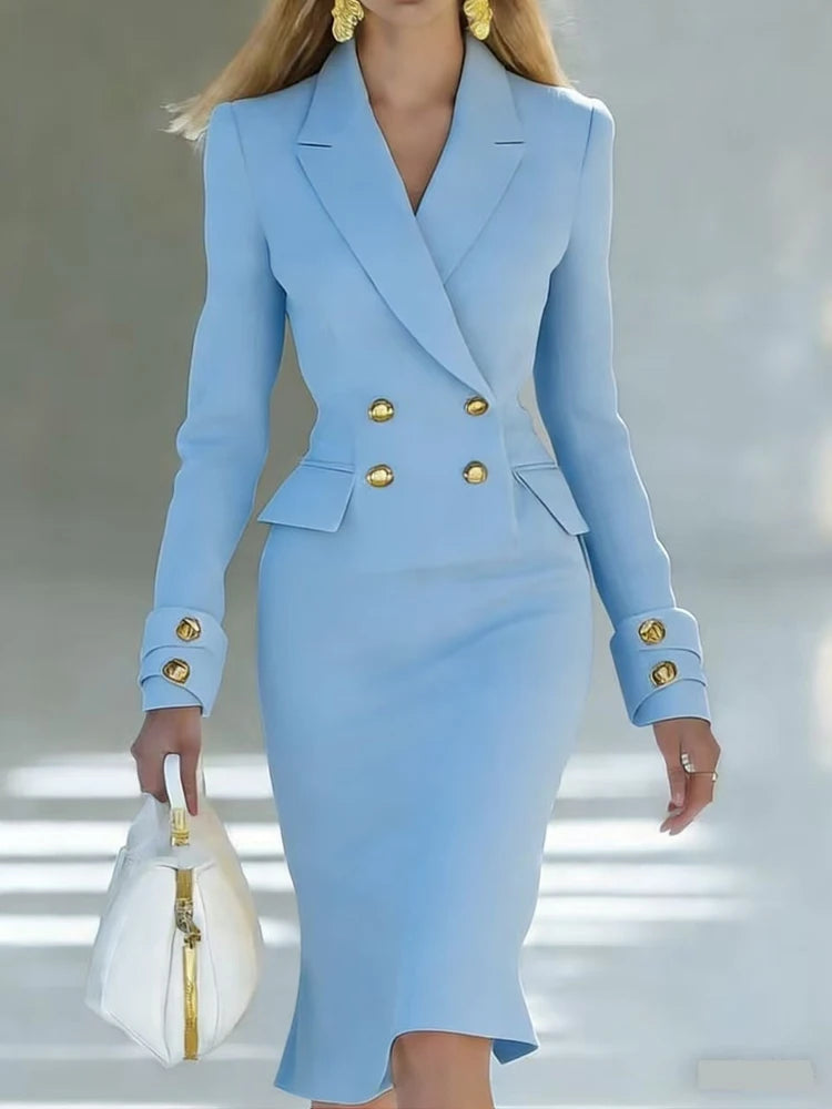 Women Elegant Blazer Dress Spring New Elegant Double Breasted Long Sleeve Dress Office Business Cocktail Party Formal Occasions