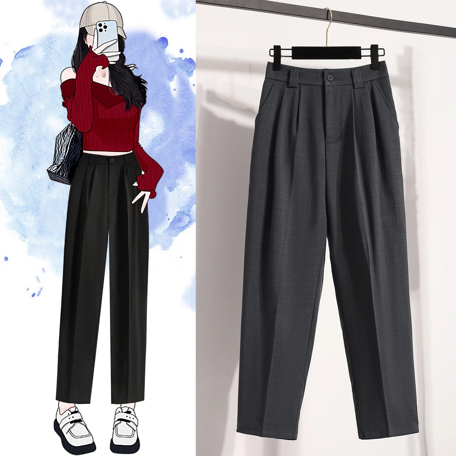Plus Size Pants For Women Spring Summer 2025 New Korean Fashion High Waist Suit Pants Women Gray Or Black Casual Trousers Female