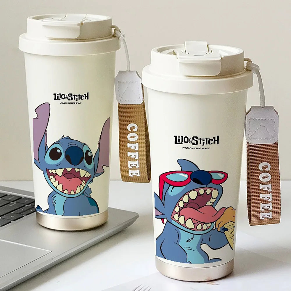600ML Kawaii Stitch Anime Straw Cup 304 Stainless Cartoon Thermos Cup Portable Double Drinking Water Bottle Gifts For Boys Girls
