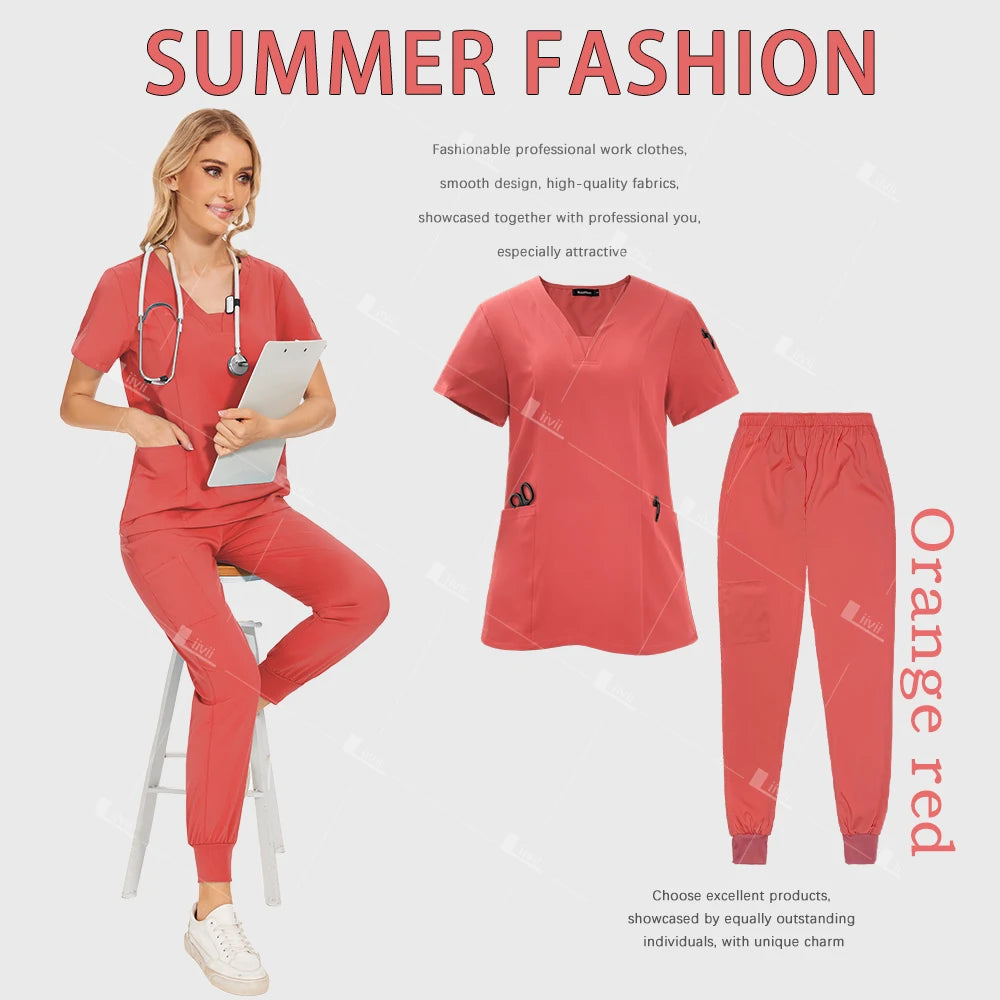 Medical Scrub Set Women Wholesale Hospital Doctor Dentist Work Clothes Surgical Scrub Top Jogging Pants Multicolor Nurse Uniform