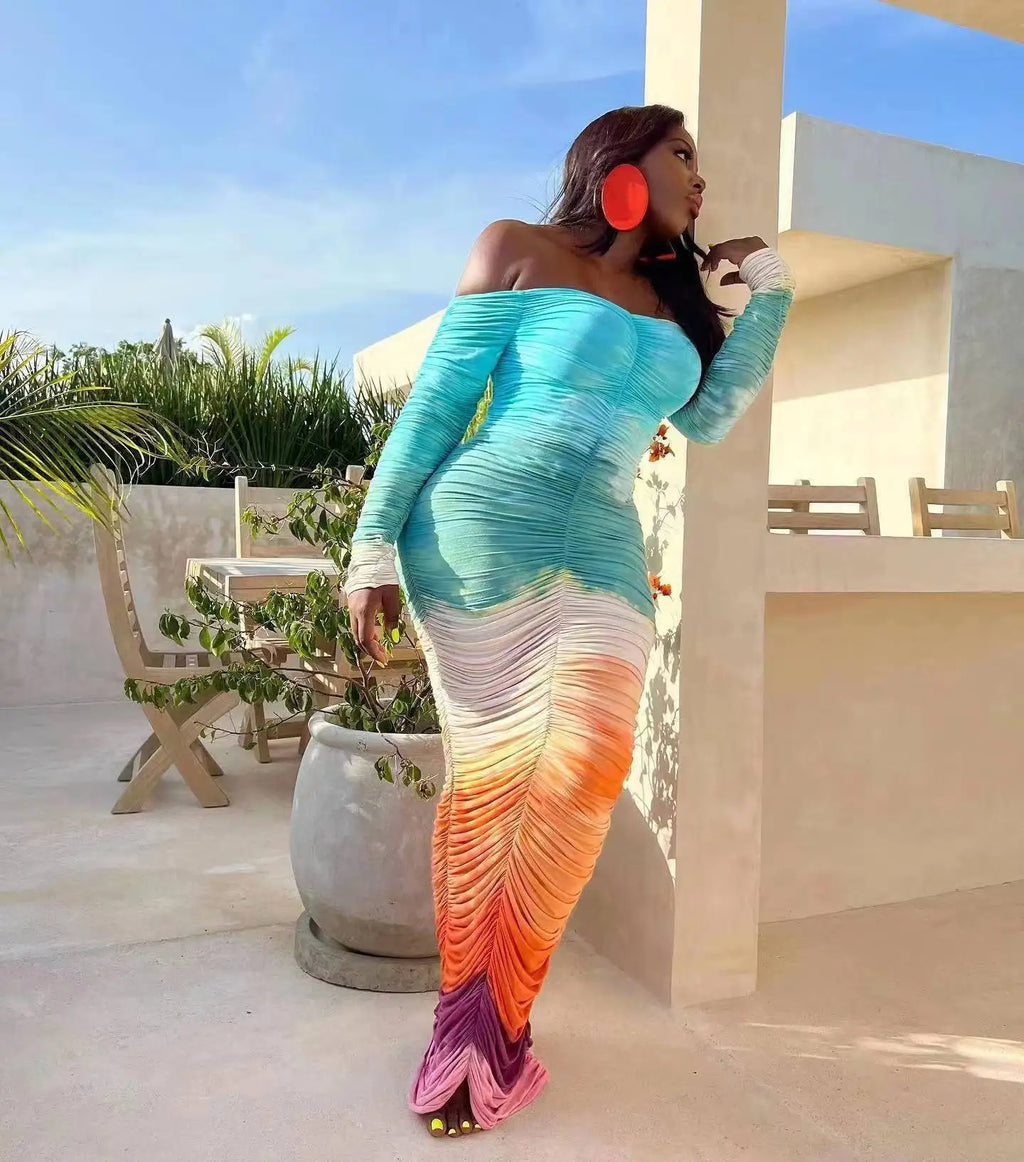 CM.YAYA Women Gradient Tie Dye Printed Off Shoulder Long Sleeve Maxi Long Midi Bodycon Ruched Dress 2023 Sexy Party Club Dresses