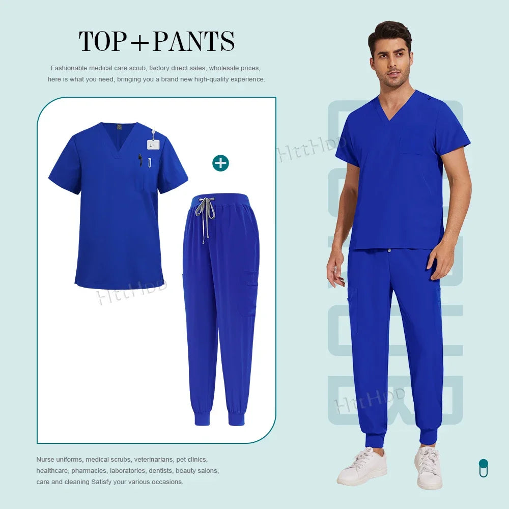Scrubs Set Men Medical Uniforms Stretch Scrub Tops with Pocket Pants Nurse Uniform Doctor Surgery Overalls Beauty Salon Workwear