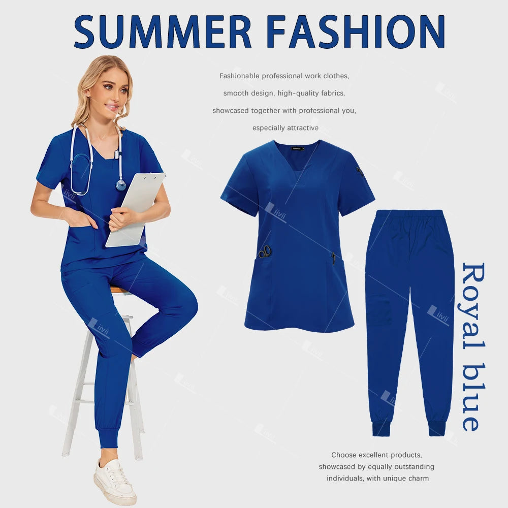 Medical Scrub Set Women Wholesale Hospital Doctor Dentist Work Clothes Surgical Scrub Top Jogging Pants Multicolor Nurse Uniform