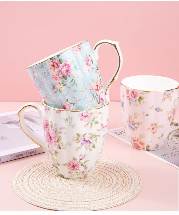 460ML Pumpkin-shaped Ceramic Mug Full cup of flower pattern Coffee Cup Big capacity Breakfast Milk tea cups Gift For Kids Girls