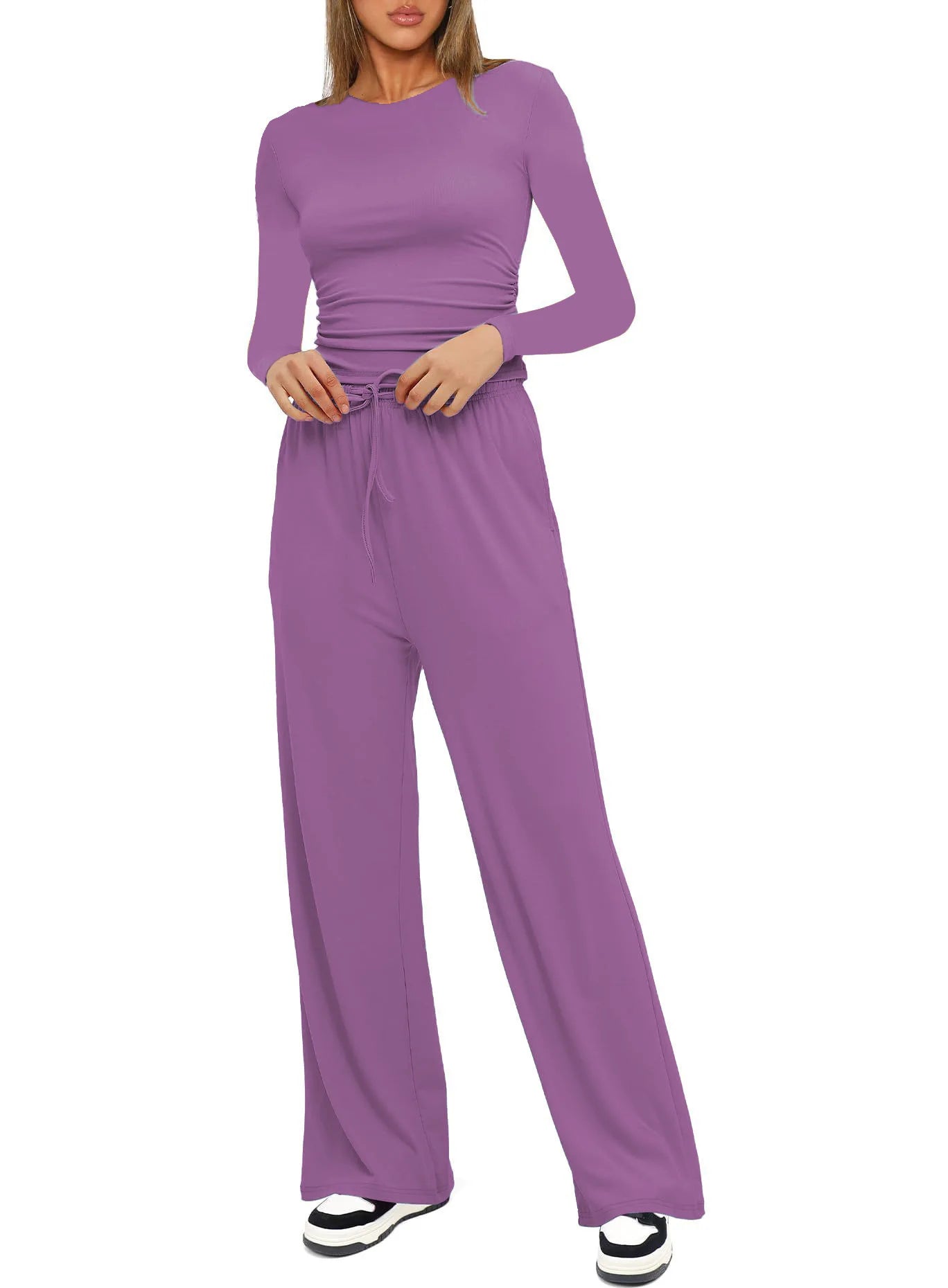Autumn Winter Trend Fashion Women's Two Pieces Set Solid Casual O Neck Long Sleeve T-shirts & High Waist Wide Leg Pants Sets