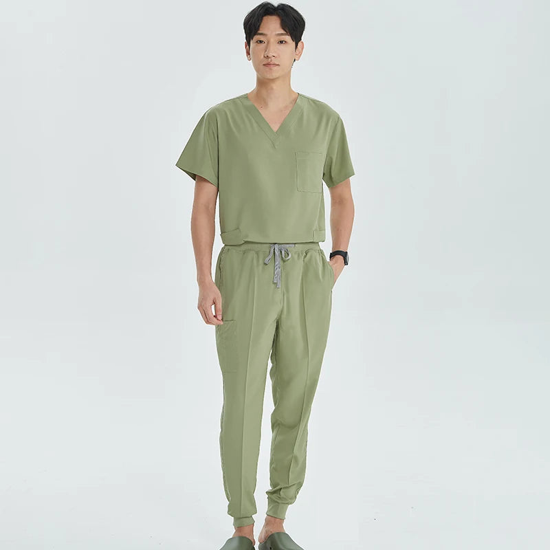 Green Hospital Work Uniforms Short-sleeved Doctor Outfit Clinical Scrub Set for Women Men Nurse V-neck Top Jogger Pant Scrub S21