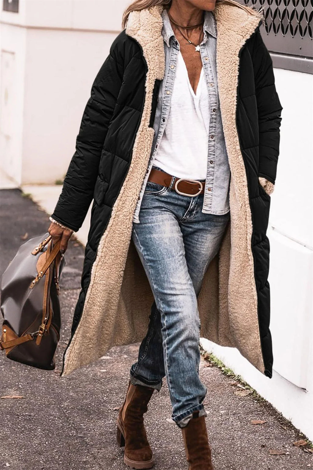 Winter Hooded Quilted Jacket For Women Solid Reversible Long Sleeve Thick Coat Warm Fashion Long Outerwear Casual Puffer Coats