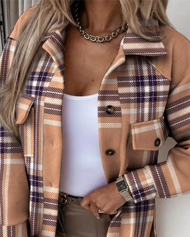 Women's Fashion Autumn and Winter Blouses Jackets Strap Plaid Printed Woolen Jacket Ladies Casual Pockets Coats Clothing