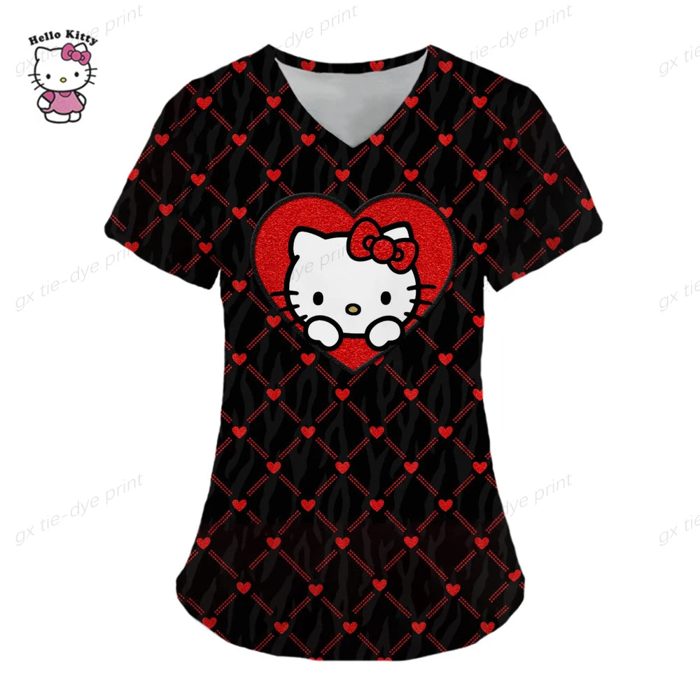 Hello Kitty Uniform Women's Cartoon Hello Kitty Print Nurse Work Shirt Pocket Gown Christmas Healthcare Nurse Scrubs