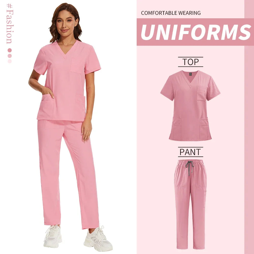 Nursing Operating Room Clothes Medical Scrubs Uniform Women Nurse Scrub Set Pocket Top+Pants 2 Piece Suit