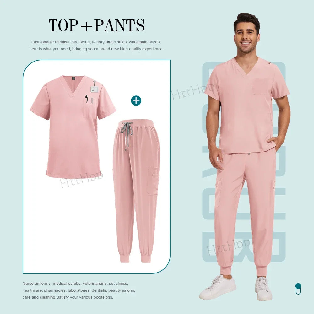 Scrubs Set Men Medical Uniforms Stretch Scrub Tops with Pocket Pants Nurse Uniform Doctor Surgery Overalls Beauty Salon Workwear