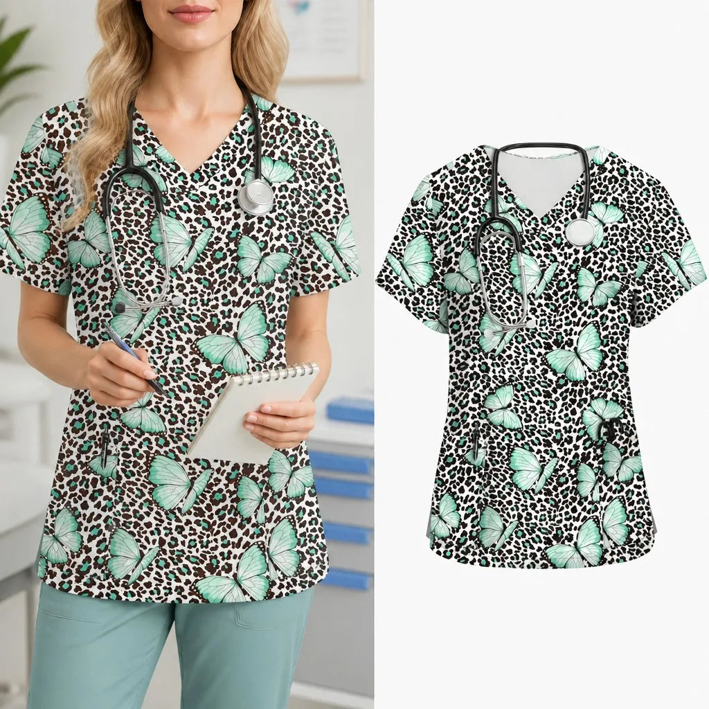 Women's V-neck Nurse Uniform Pocket T-shirt, Butterfly Print Surgical Gown Top, Nursing Work Top, Daily Commute Wear