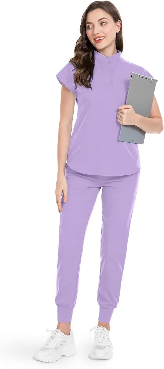 niaahinn Scrubs Set for Women Nurse Uniform Jogger Suit Stretch Top & Pants with Multi Pocket for Nurse Esthetician Workwear
