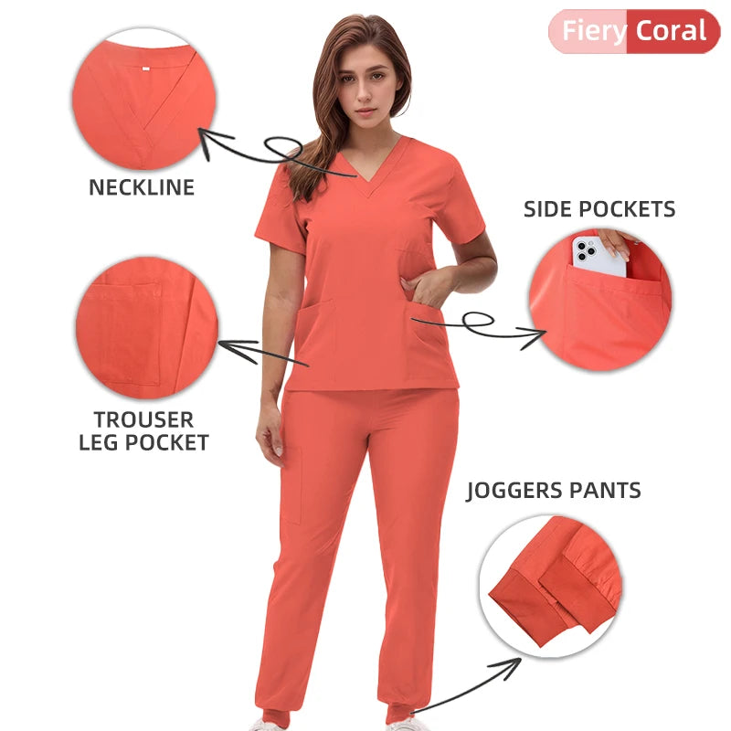 Short Sleeves Nurse Uniforms V-neck Top Jogger Pants  Women Surgical Scrubs Dentist Nursing Suit Pet Hospital Doctor Outfit S21