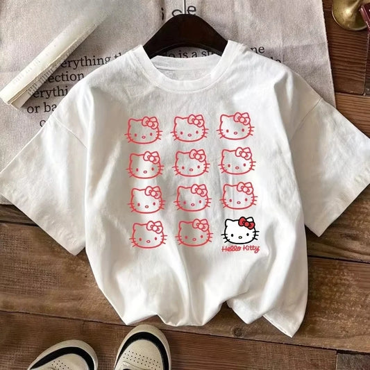 2025 Summer Hello Kitty Cute Printed T-shirt Novel Casual Loose Y2K Pure Cotton Comfortable Breathable Short-sleeved Couple Top
