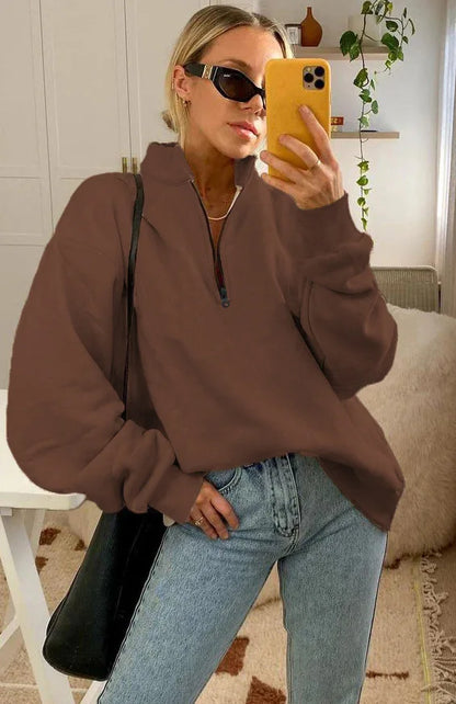 Women Sweatshirts Turn Down Collar Zipper Pullovers Long Sleeve Spliced Thick Warm Sweatshirt Outwear Autumn Winter 2024