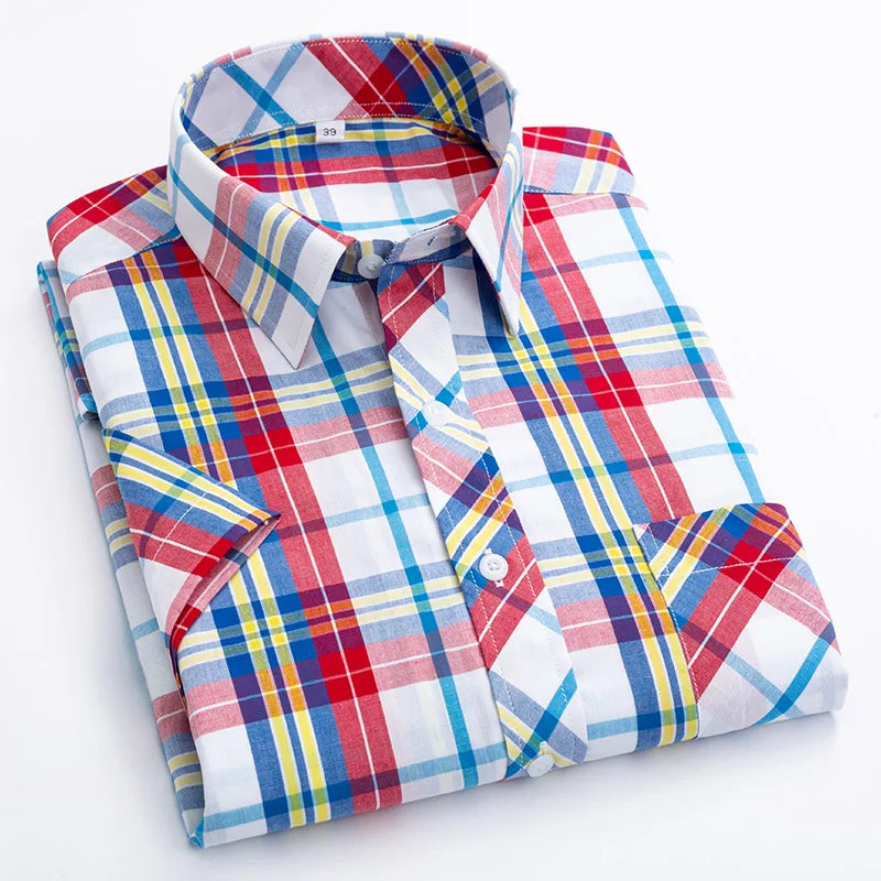 Plus Size 8XL 7XL New Men's Shirts Short Sleeve Cotton Plaid Shirt Summer Fashion Thin Soft Classic Basic Casual Male Clothing