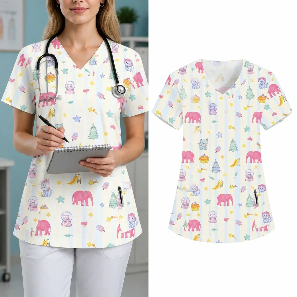 Women's V-neck Nurse Uniform Pocket T-shirt, Butterfly Print Surgical Gown Top, Nursing Work Top, Daily Commute Wear
