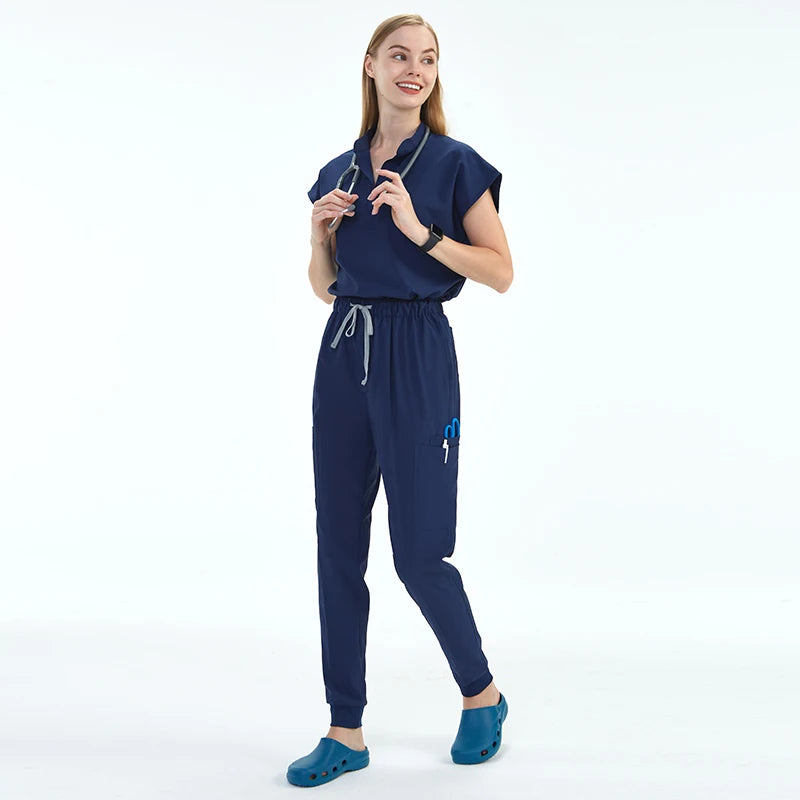 Premium Women's Scrub Sets Mandarin Collar Nurse Uniform Doctor Clothes Tunic Jogger Pant Surgical Scrubs Outfit 10 Pockets S180