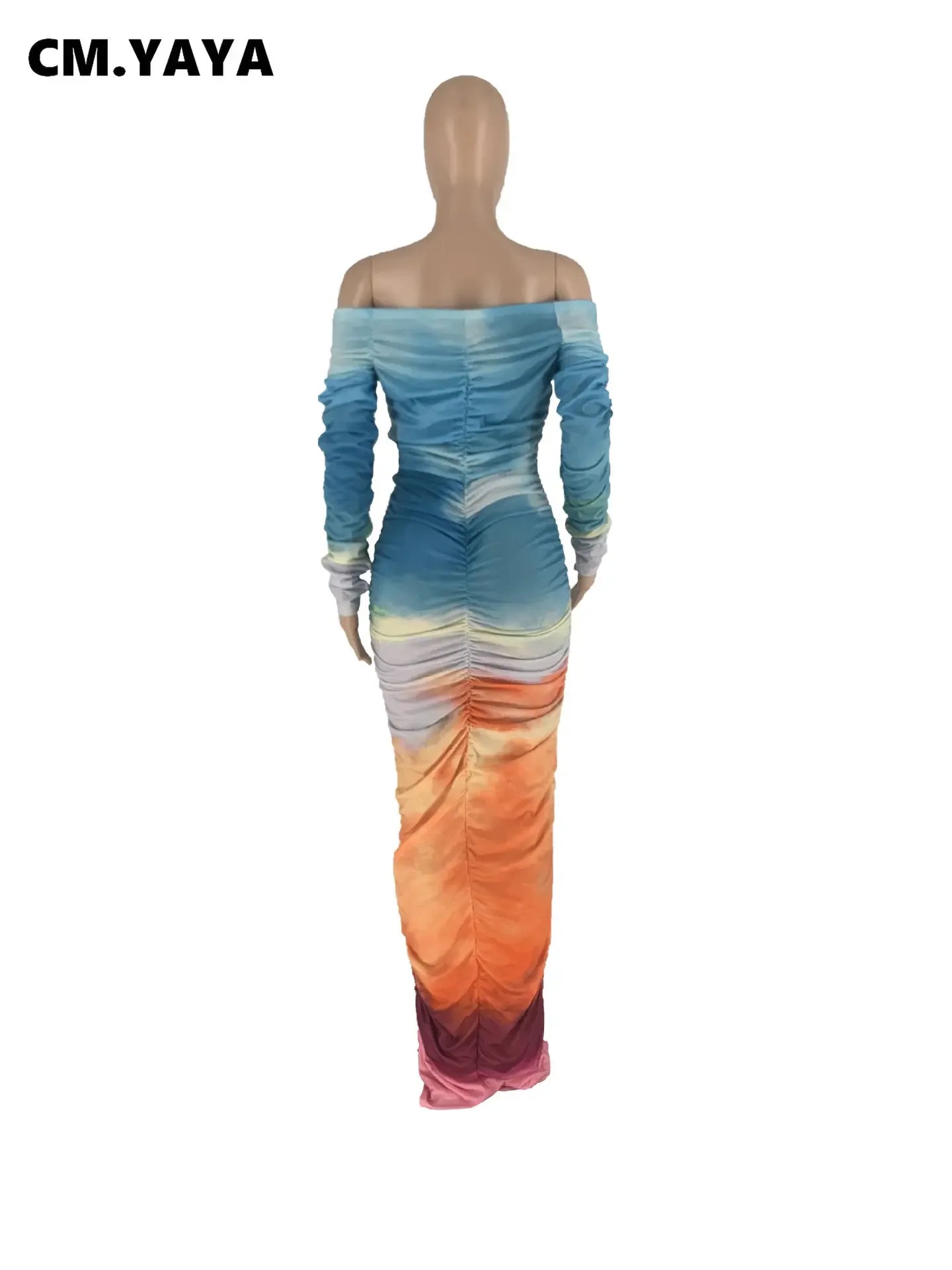 CM.YAYA Women Gradient Tie Dye Printed Off Shoulder Long Sleeve Maxi Long Midi Bodycon Ruched Dress 2023 Sexy Party Club Dresses