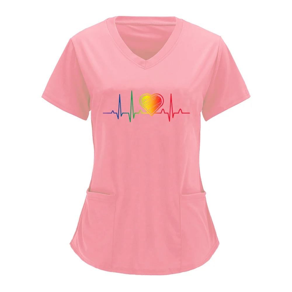 Women T-shirt Working Uniform Print Pocket Pet Grooming Nurse Uniform Clothing Hospital Solid Short Sleeve Spa V-Neck Scrub Tops
