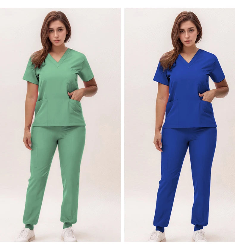Short Sleeves Nurse Uniforms V-neck Top Jogger Pants  Women Surgical Scrubs Dentist Nursing Suit Pet Hospital Doctor Outfit S21