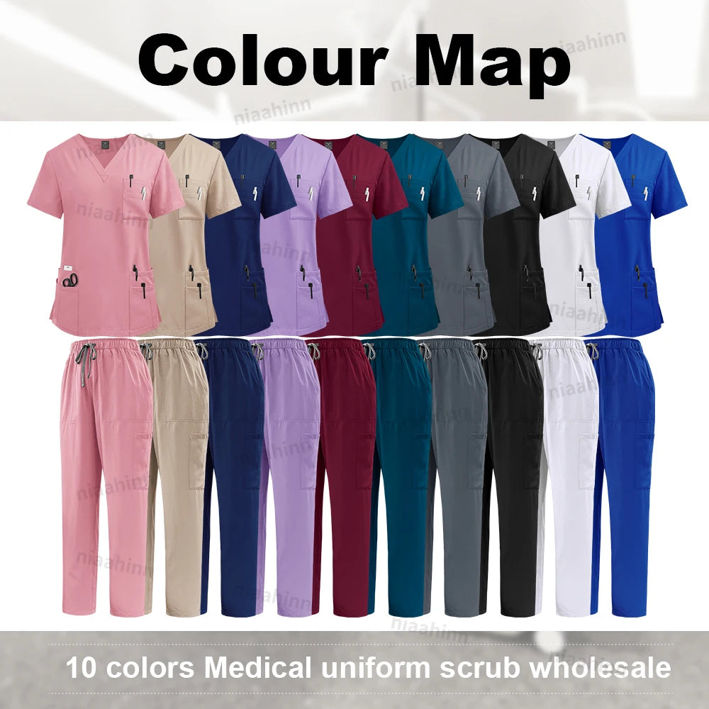 Elastic Scrub Set Operating Room Surgical Uniform Dental Veterinary Work Uniforms V-neck Short Sleeved Tops Pants Suit Wholesale