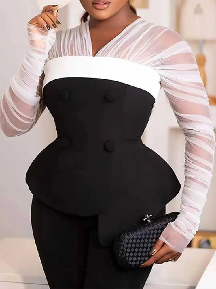 Women Elegant Two Piece Pants Set Female Office Wear White Mesh Sleeves Slim Top and Slacks Pant Sets Sexy Chic Spring Outfits