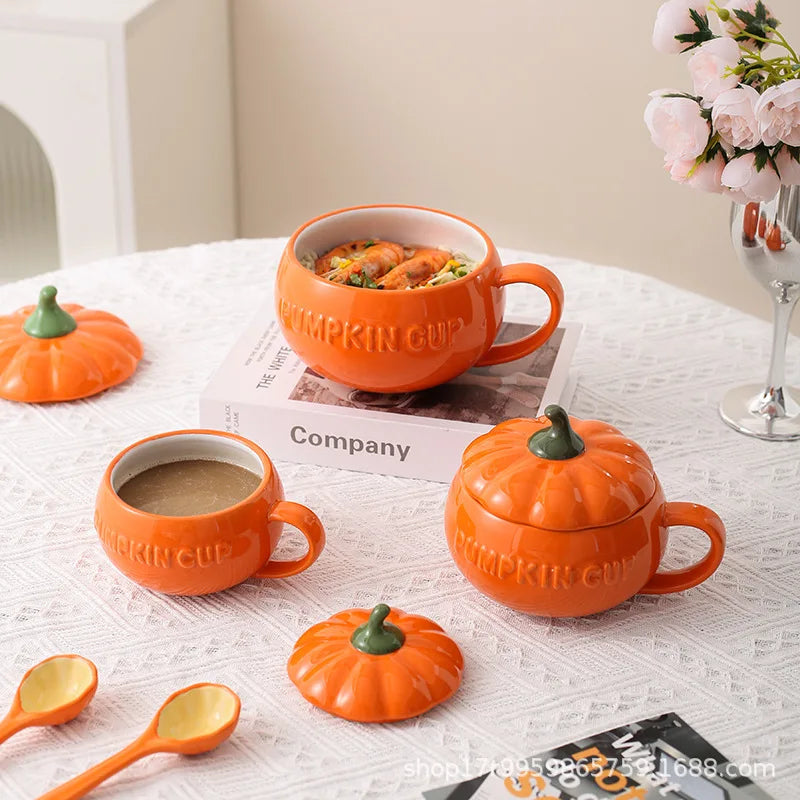 Cute Pumpkin Ceramics Coffee Mug Milk Soup Cup with Lid Breakfast Water Mug Office Home Drinkware Teacup Decoration Morning Cup