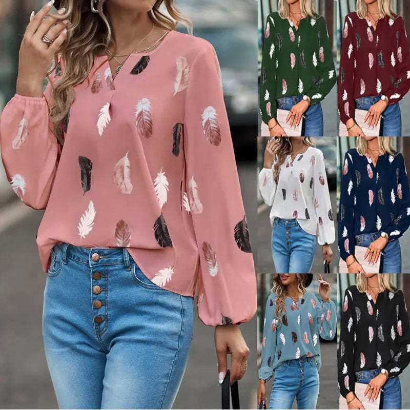 Plus Size Woman Blouse Shirts For Women Stylish Top long Sleeve Feather Pattern Female Tops Elegant Chiffon Mujer Woman Clothes