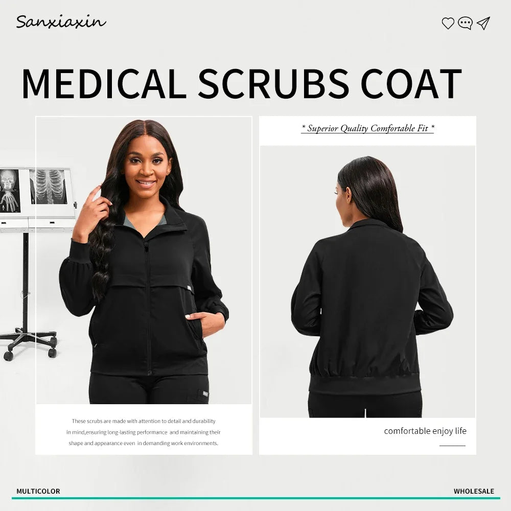 Long Sleeved Medical Scrub Jacket Pharmacy Uniform Women Solid Nurse Hospital Scrub Coat Surgical Uniforms Beauty Salon Workwear