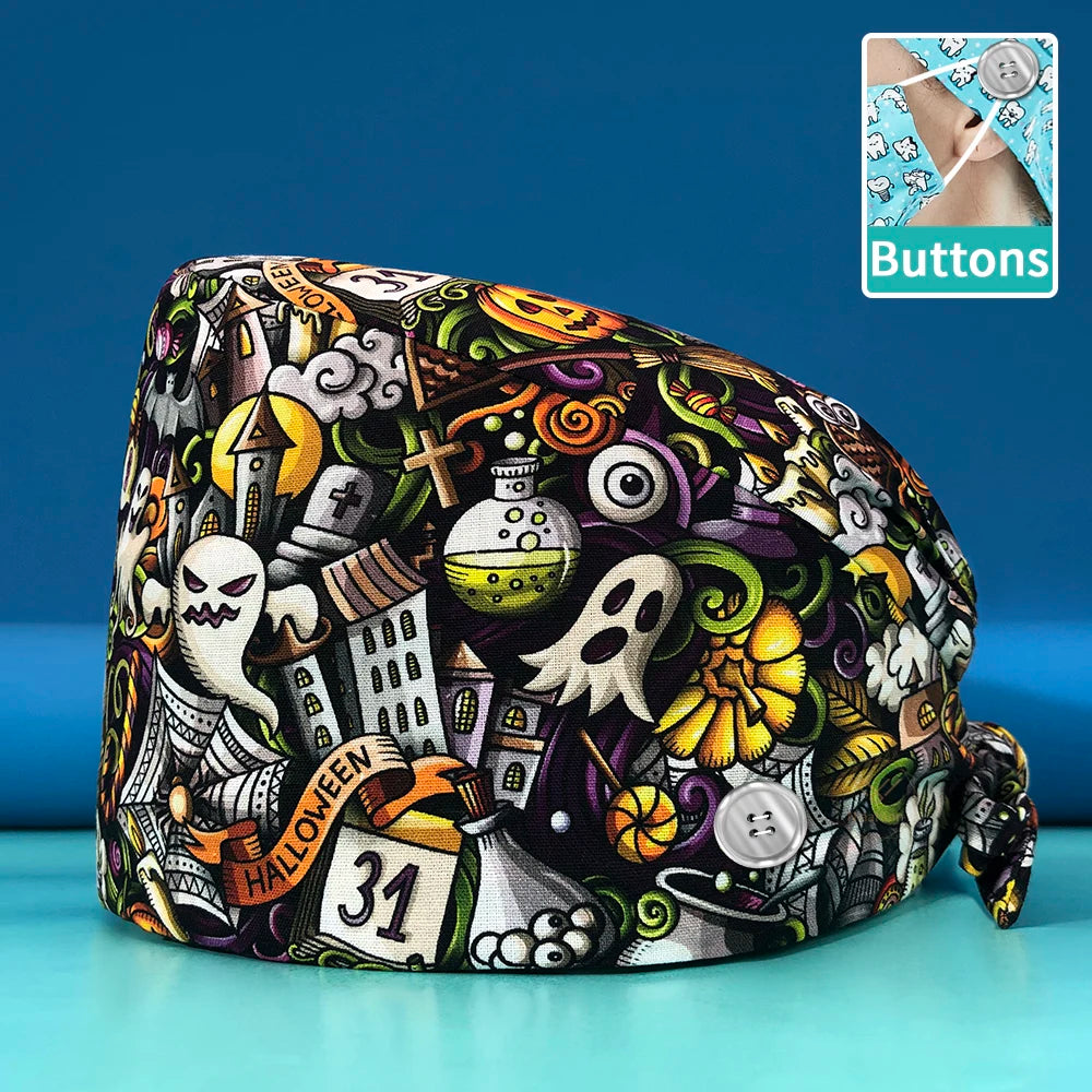 Pill Capsule Pattern Pink Scrubs Cap Female Nurse Medical Clinic Accessories Women's Operating Room Hat with Buttons Cotton Hats