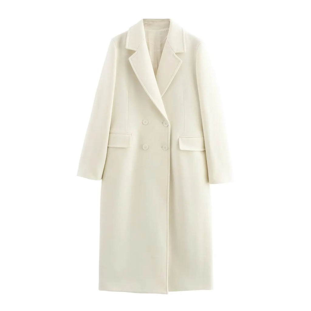 HH Female Autumn Winter Fashion Woolen Long Coat Woman Casual Turn-Down Collar Long Sleeves Pockets Double Breasted Coat