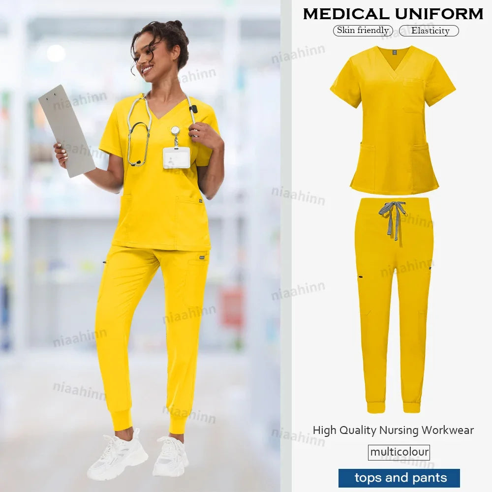 Doctor Nursing Uniforms Multicolour Jogger Suit V-neck Tops Pocket Pants Nurse Scrubs Set New Medical Clinical Clothes Women Men