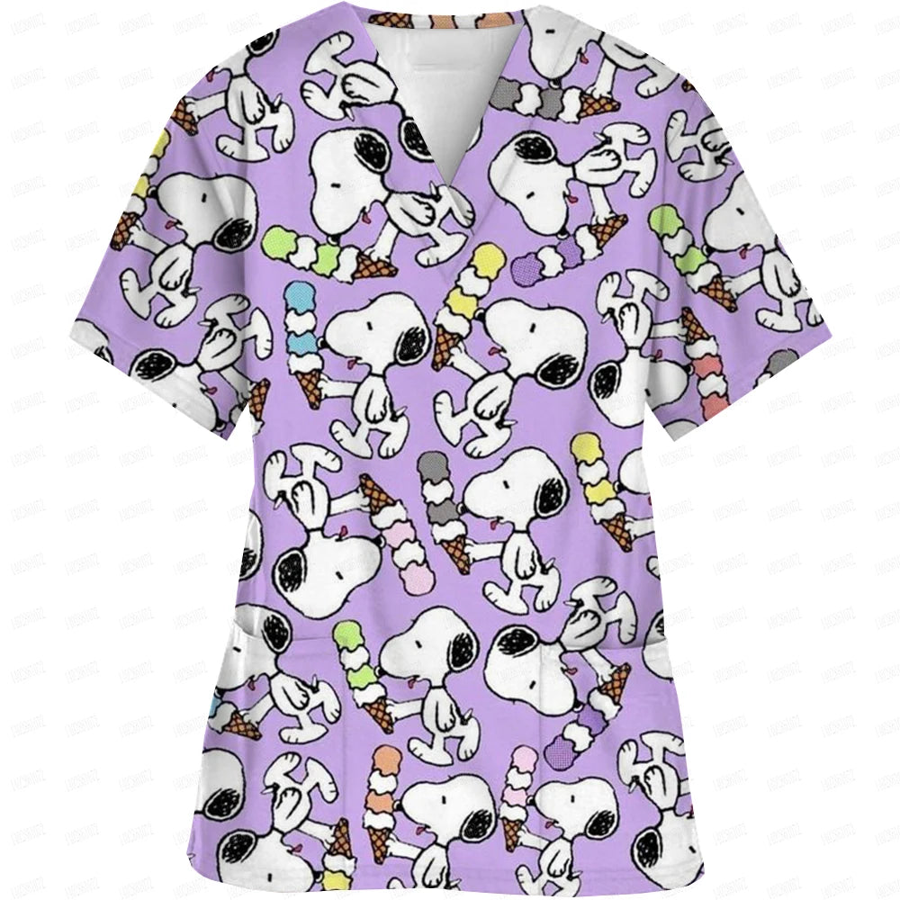 Snoopy print Working Nurse Uniform Women Short Sleeve Pocket Blouse Scrubs Tops Nursing Medical Accessories oversized tshirt