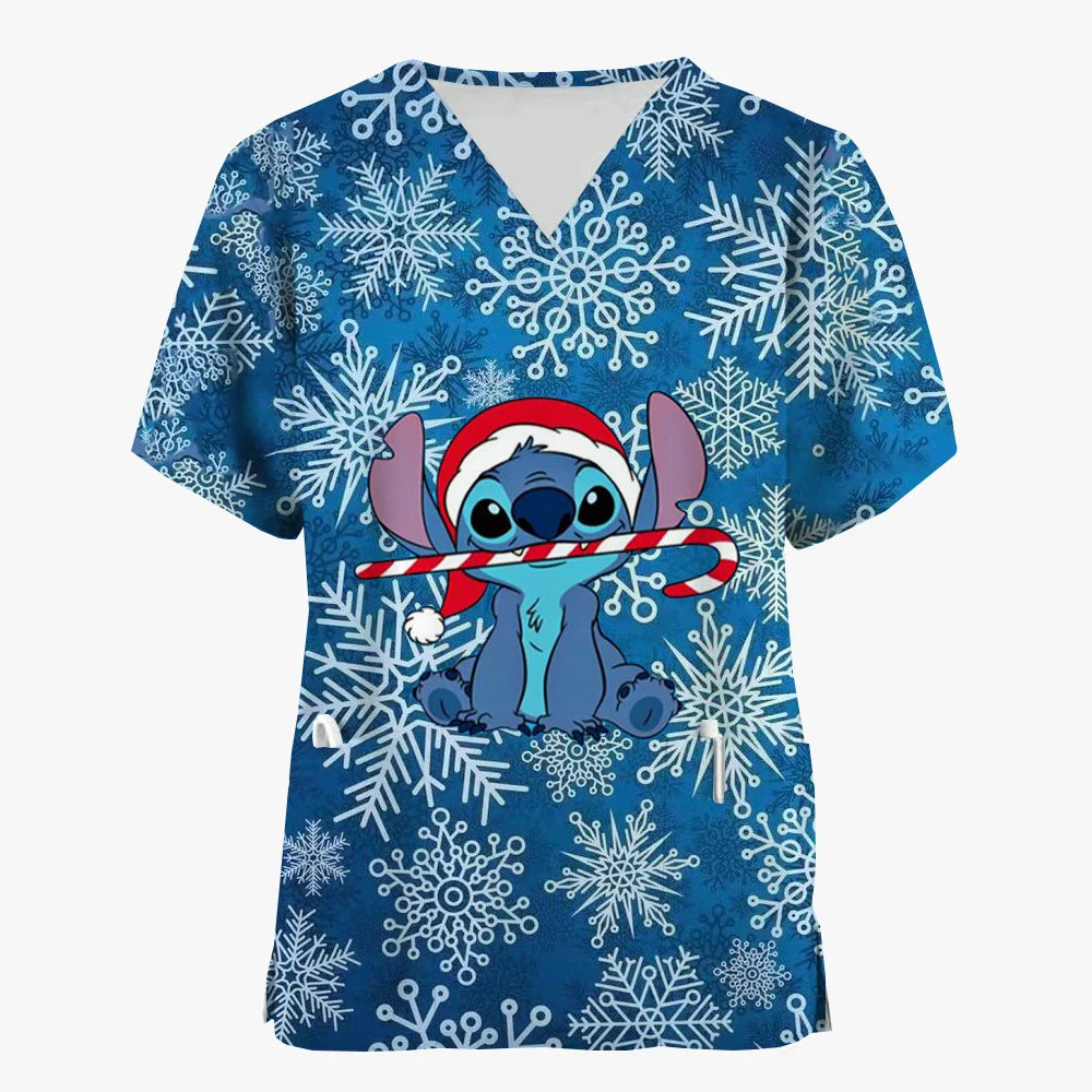 2024 Disney Uniform Women's Cartoon Stitch Print Nurse Work Shirt Pocket Gown Christmas Healthcare Nurse Scrubs