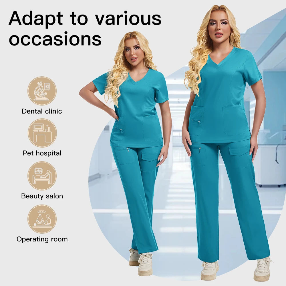 Pants Sets Short Sleeved Top Scrub Solid Color Surgical Gowns Medical Accessories Manicurist Beautician Nursing Scrub Sets Women