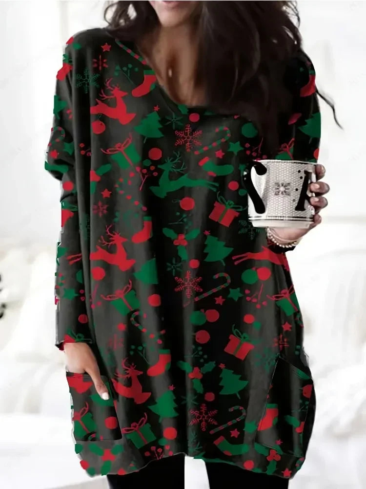 Plus Size Women's Fashion Christmas Printed Pocket Long Sleeved T-shirt Ladies Casual Autumn Winter Home Clothes Long Tee Tops