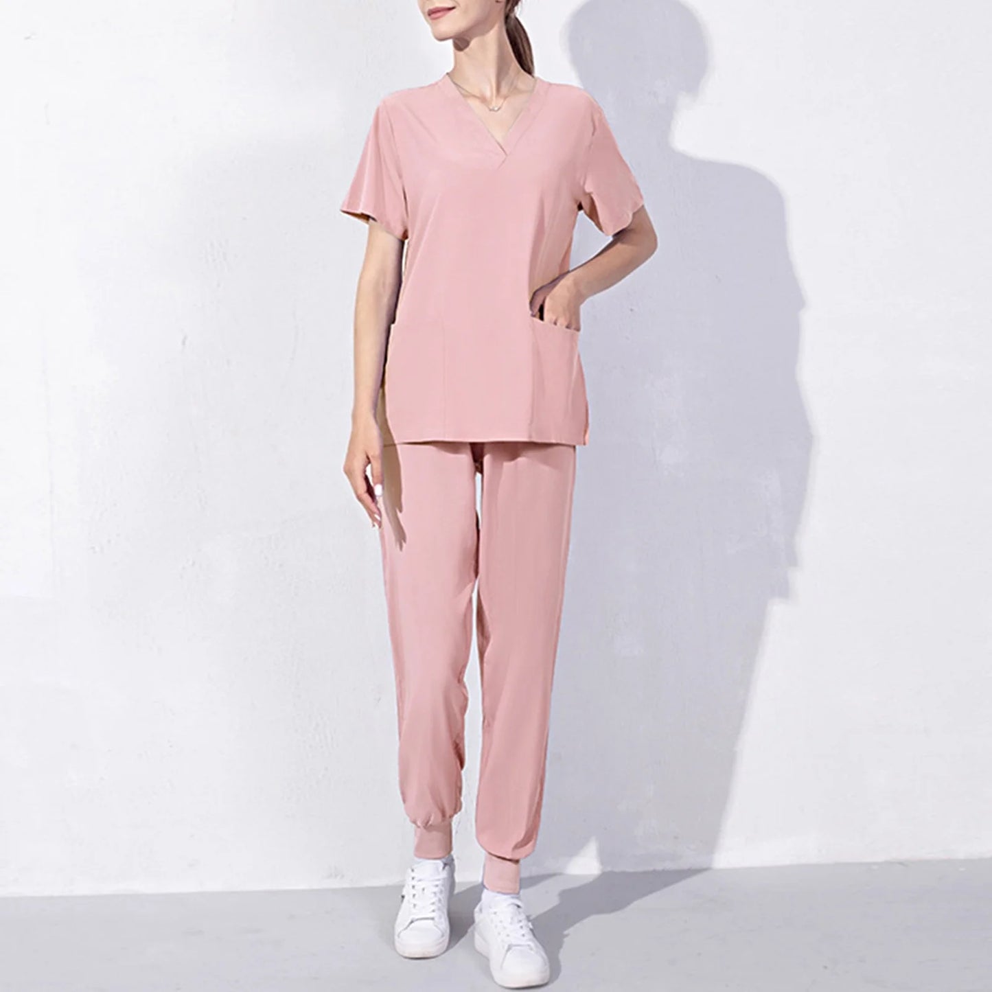 Nursing Uniforms Two Piece Unisex Shorts Scrub Sets Sleeve Pocket Top Tee Loose Pants Beauty Salon Workwear Overalls Plus Size
