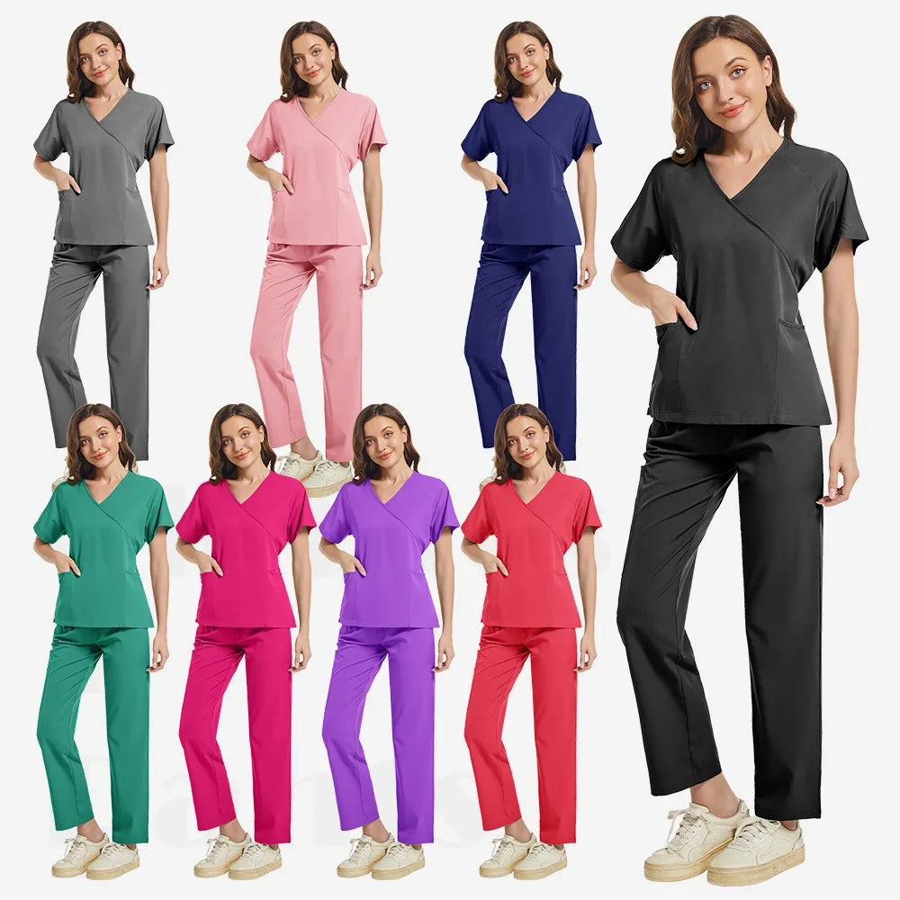 New Scrubs Set Medical Uniforms Stretch Scrub Tops with Pocket Pants Nurse Uniform Doctor Surgery Overalls Beauty Salon Workwear