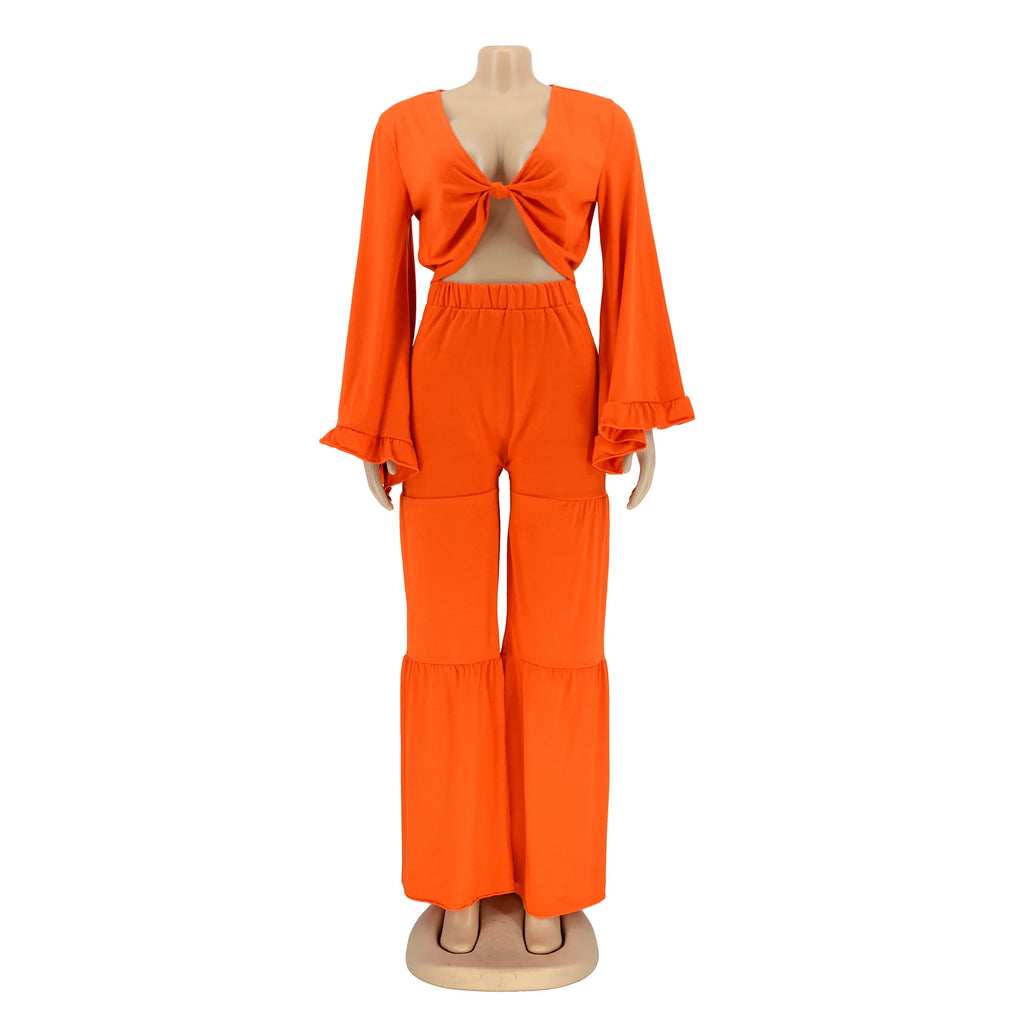Casual Spring And Autumn For Women's Solid Color Long Sleeved Chest Wrap Top and Wide Leg Trousers Female Office 2 Piece Set