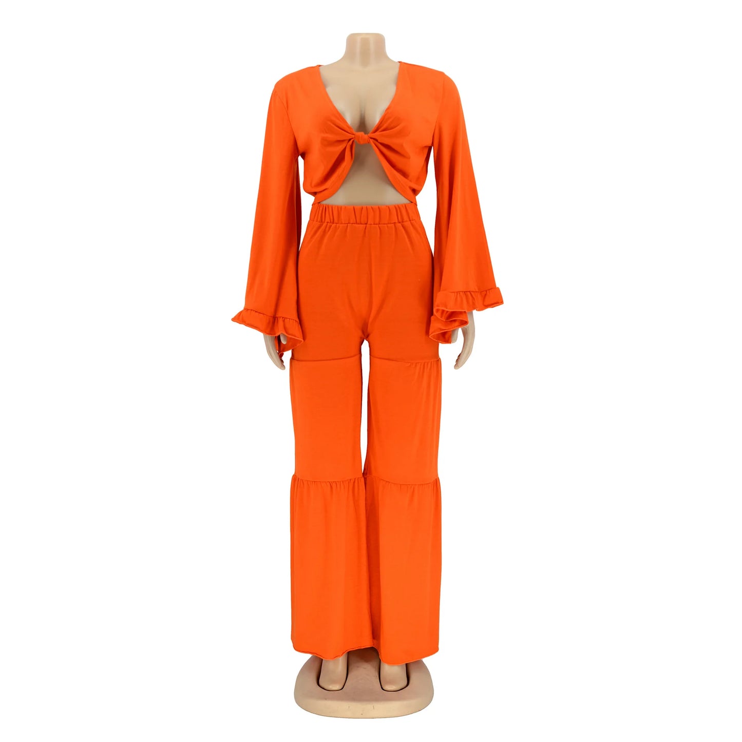 Casual Spring And Autumn For Women's Solid Color Long Sleeved Chest Wrap Top and Wide Leg Trousers Female Office 2 Piece Set