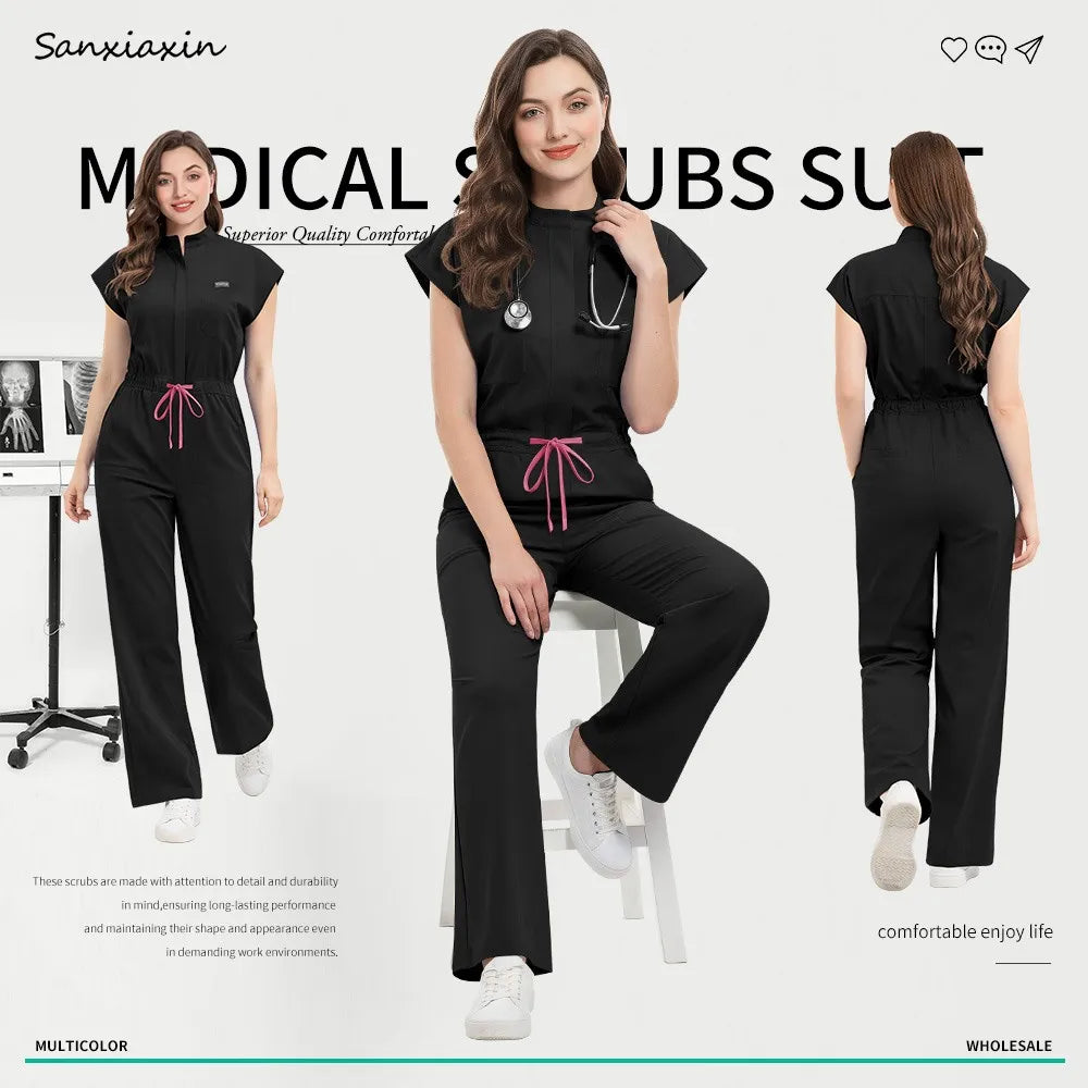 Slim Fitting Elasticity Scrubs Workwear Operating Room Medical Uniforms Nurse Scrubs Jumpsuit Women Solid Color Surgery Clothing