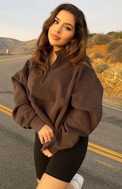 Women Sweatshirts Turn Down Collar Zipper Pullovers Long Sleeve Spliced Thick Warm Sweatshirt Outwear Autumn Winter 2024