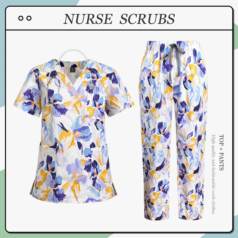 Scrubs Uniform Woman Cotton Print Scrub Healthcare Scrubs Women Fashion with Pockets Short Sleeve Nurse Uniform Tops Pants Sets