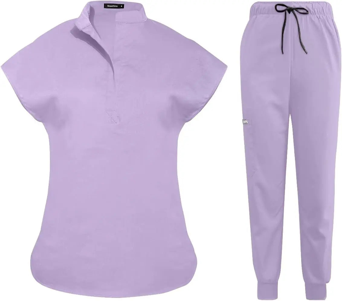 niaahinn Scrubs Set for Women Nurse Uniform Jogger Suit Stretch Top & Pants with Multi Pocket for Nurse Esthetician Workwear