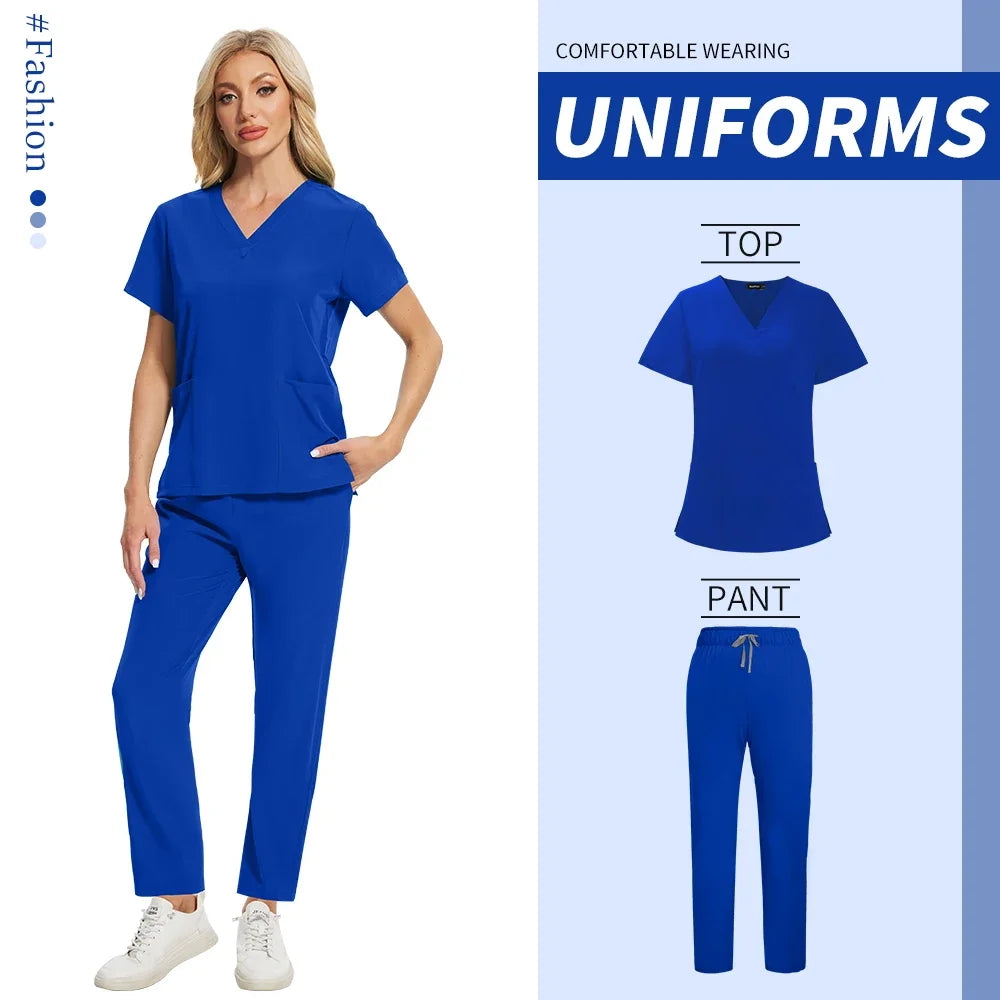 Women Health Service Nurse Uniforms Scrub Set Beauty Salon Spa Workwear Scrubs Top+Pant Doctor Nursing Tunic Suit