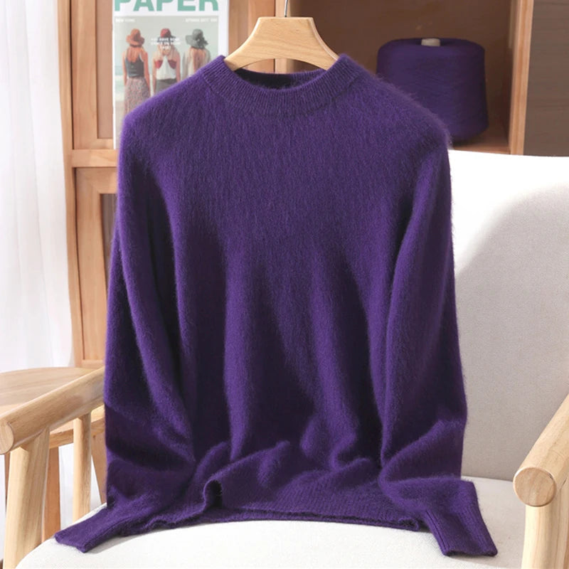 Autumn Winter Sweater Pullover Women's Clothing 100% Mink Cashmere Sweater Pullover O-Neck Basic Long Sleeve Warm Fleece Knitted